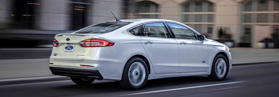 Rear View of White 2019 Ford Fusion