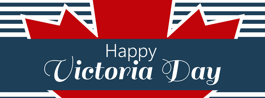 Happy Victoria Day Title, Red Maple Leaf, and a Background of Blue and White Stripes