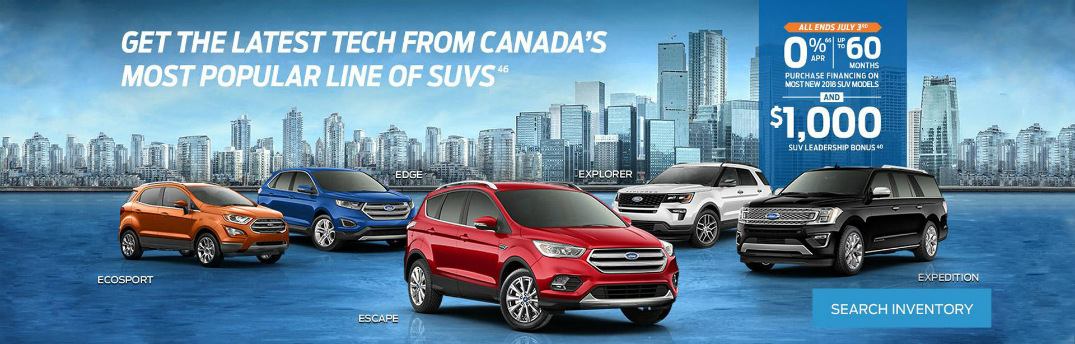 Details of 2018 Ford SUV Leadership Bonus Special, Five Ford SUVs, and a City Skyline