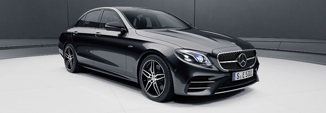 Passenger side exterior view of a gray 2019 AMG E 53 Sedan
