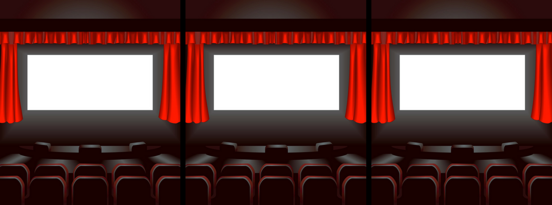 Three movie theaters with blank screens and red curtains