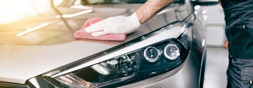 closeup of gloved hand polishing hood of car