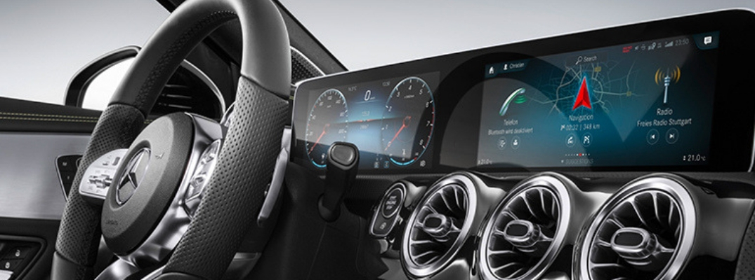 Closeup of steering wheel and dashboard in 2019 Mercedes-Benz A-Class
