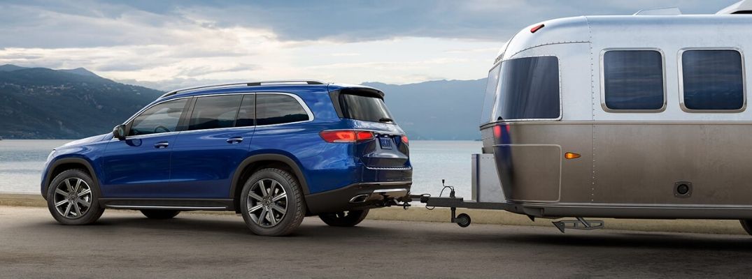 Blue 2020 Mercedes-Benz GLS Towing a Trailer