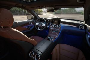 Interior of 2020 Mercedes-Benz C-Class Sedan showing accent colors