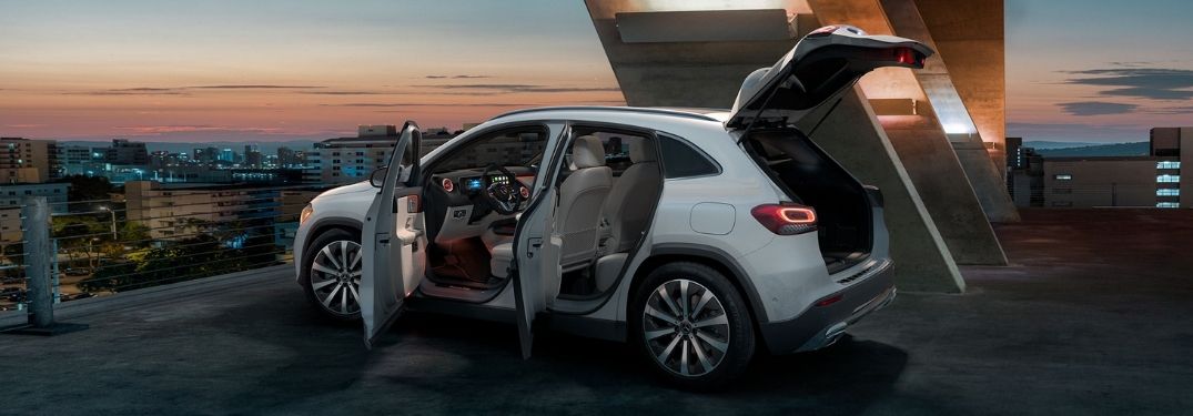 White Mercedes-Benz GLA SUV parked on rooftop