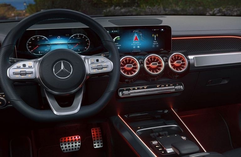 A close-up of the steering wheel and dashboard in the 2021 Mercedes-Benz GLB