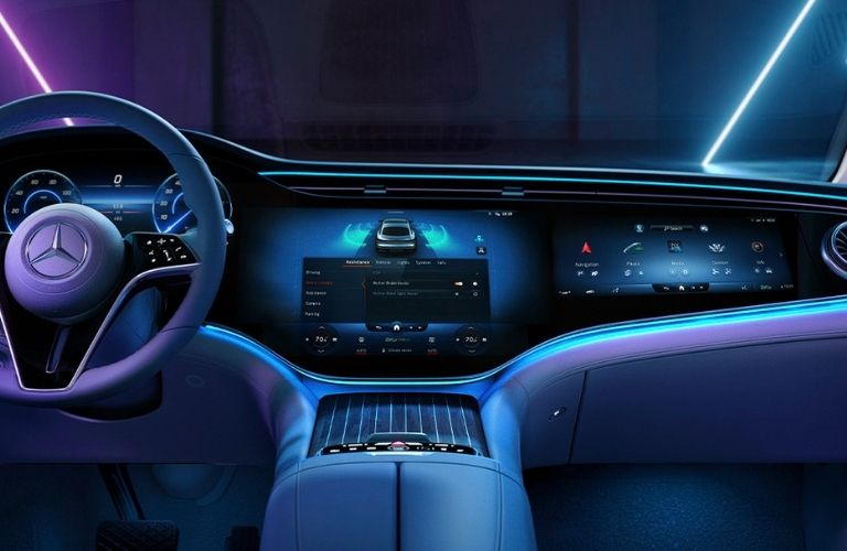 Interior feature including the steering wheel of mercedes benz is shown