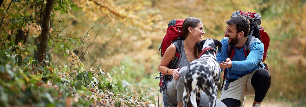 Couple smiling at each other with dog on hike