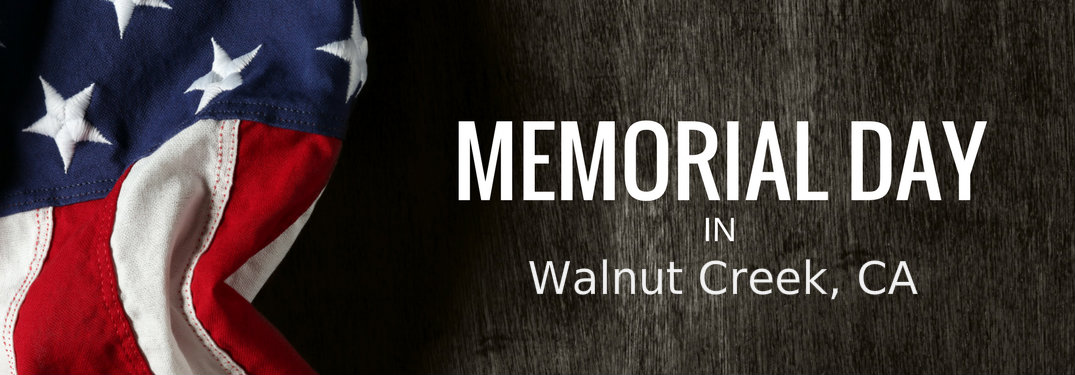 American flag on wooden background with text that say Memorial Day in Walnut Creek CA