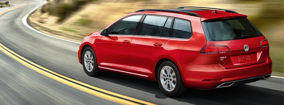 Exterior view of a red 2019 Volkswagen Golf SportWagen