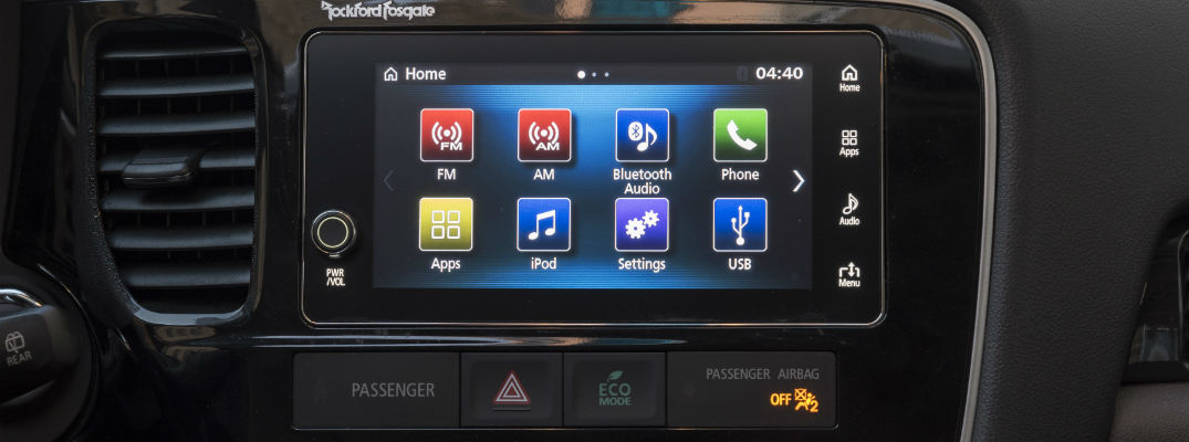 A close up photo of the infotainment system's touchscreen in many Mitsubishi vehicles.