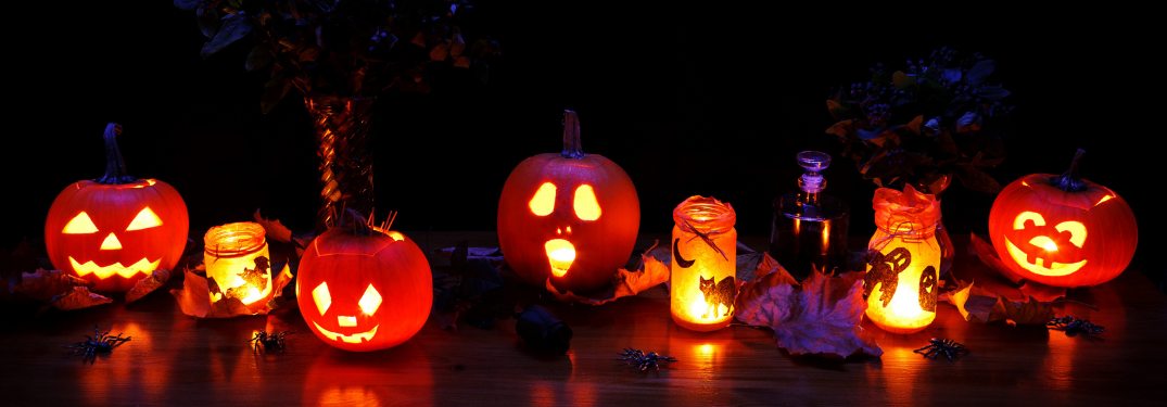A row of Jack o' Lanterns on a table