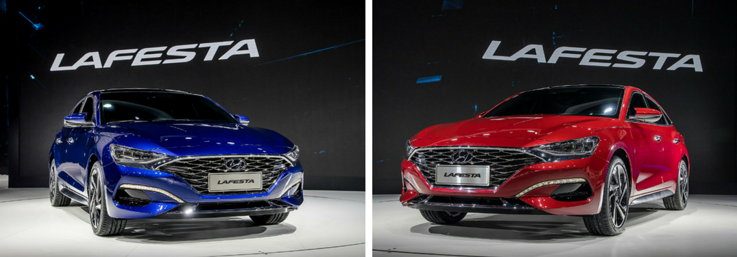 Blue and red Hyundai LAFESTA sedans side by side