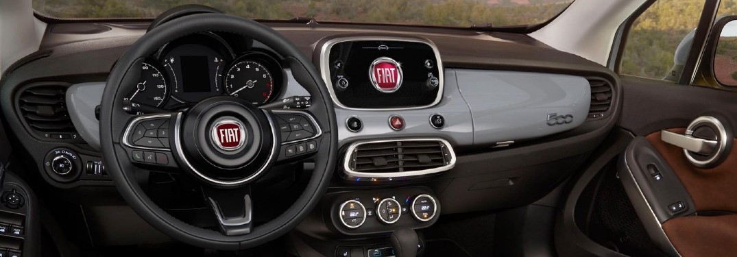 2020 Fiat 500X interior showing dash and screen Fiat logo