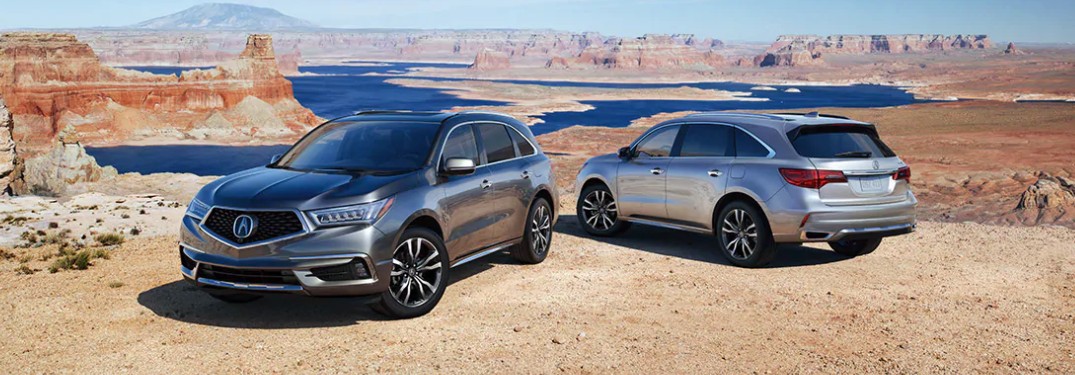 Two 2020 Acura MDX vehicles parked near water in a desert