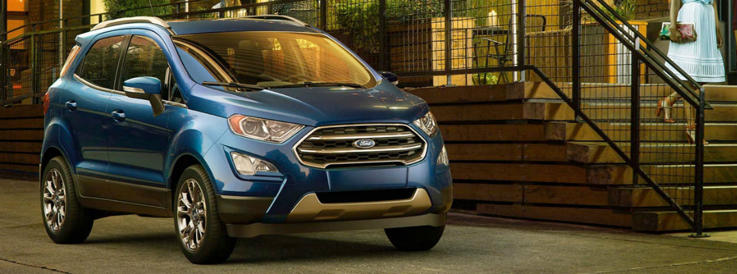 Blue 2018 Ford EcoSport parked in front of stairs