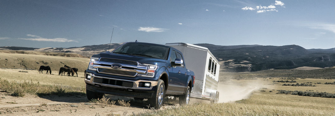 2020 Ford F-150 exterior front fascia driver side pulling trailer on dirt road with horses