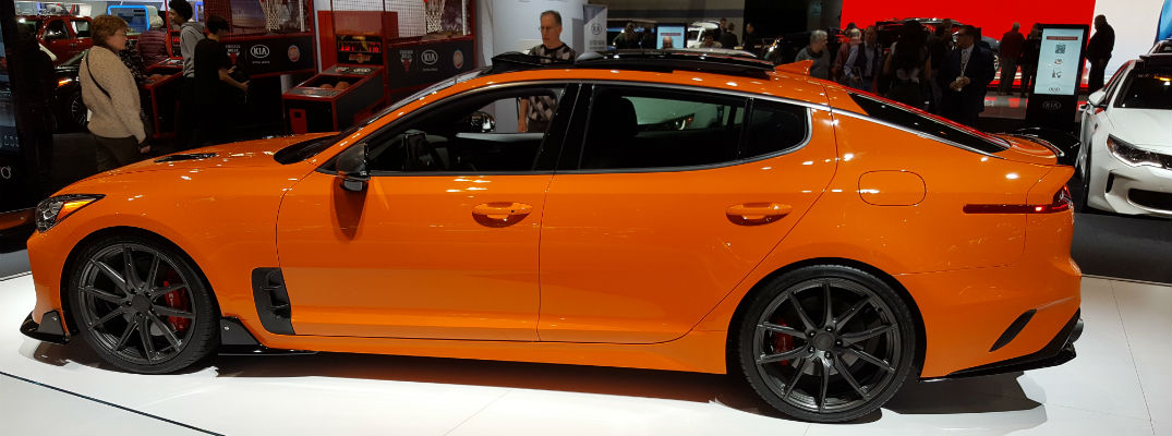 A left profile photo of the Kia Stinger GT at the Chicago Auto Show