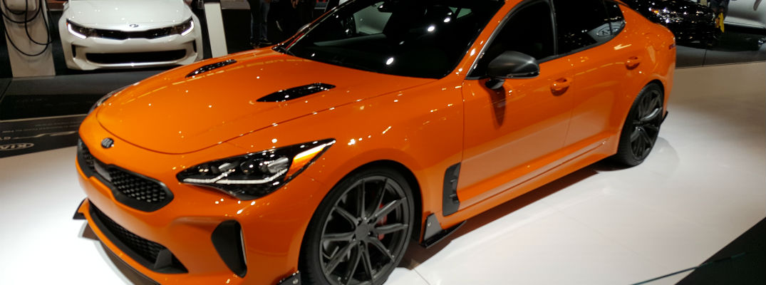 A front quarter view of the 2018 Kia Stinger GT at the Chicago Auto Show