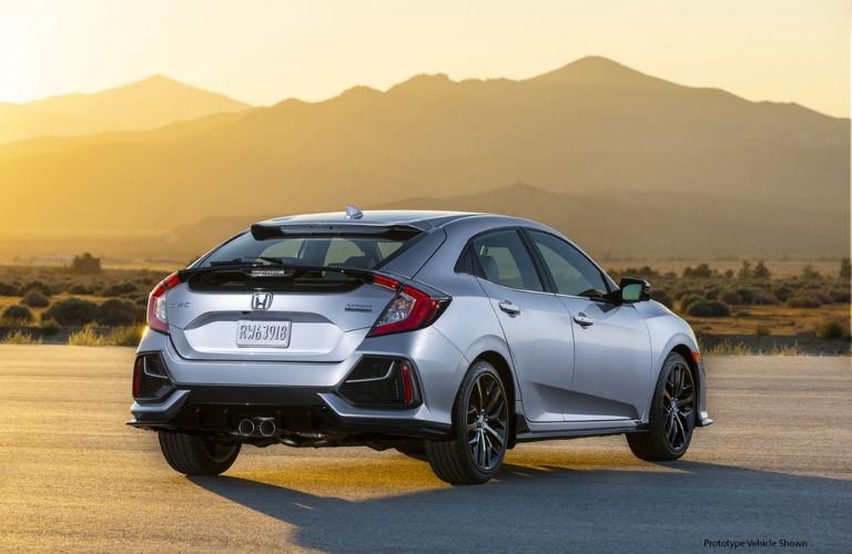 Silver 2020 Honda Civic Hatchback Rear Exterior at Sunset