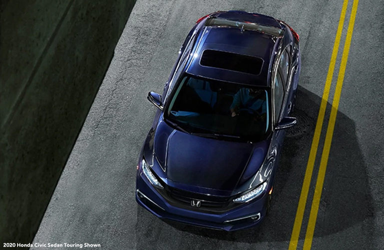 Overhead View of 2020 Honda Civic Sedan on a Road at Night