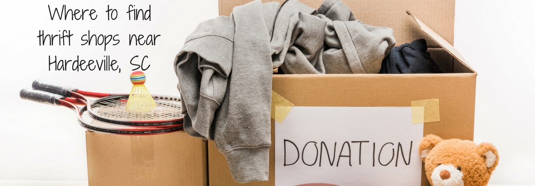 Text reading Where to find Thrift stores near Hardeeville SC overlaid over image of donations
