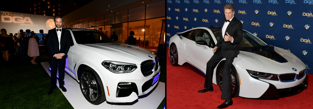 Judd Apatow and David Hasselhoff Posing next to BMW Vehicles at the 2018 DGA Awards