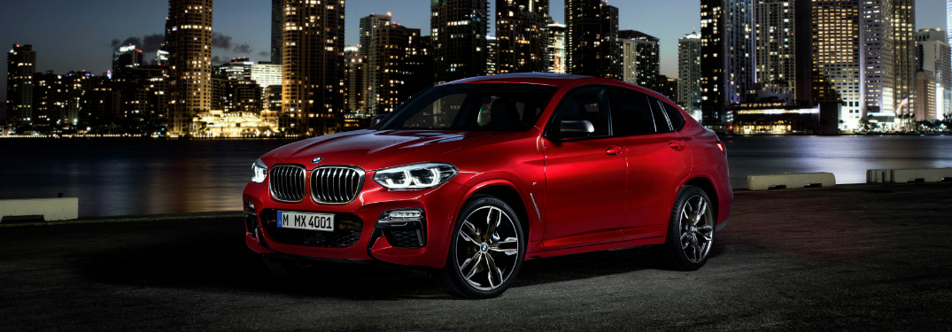 Red 2019 BMW X4 with a City Skyline in the Background