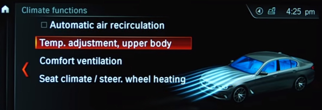List of Climate Control Functions on the Monitor of a BMW Vehicle