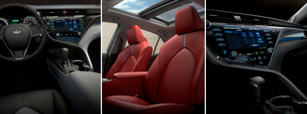 Three images of the dash and seats of the 2018 Toyota Camry