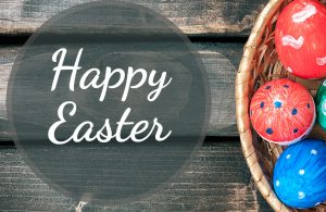 words "Happy Easter" with a bowl of Easter eggs on the right side