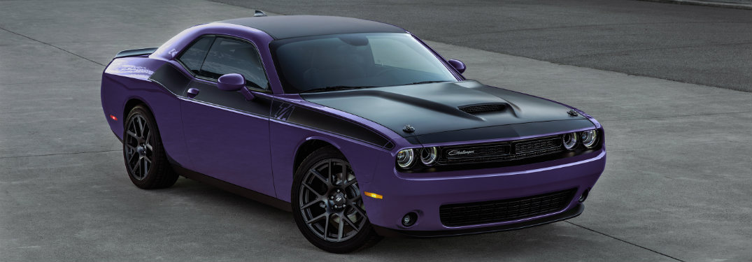 2018 Dodge Challenger in Plum Crazy seen from the side and front