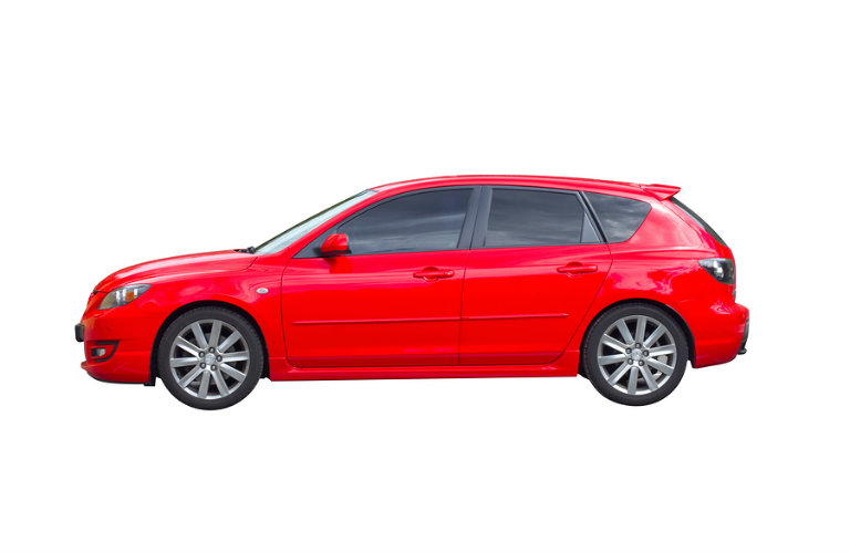 Side view of a red 3D rendering of a 5-door hatchback