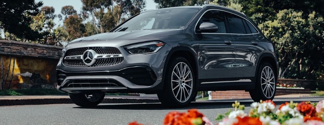 2022 Mercedes-Benz GLA in silver parked in an orchid background