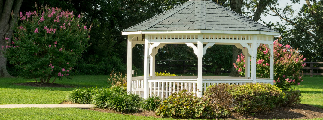 pavilion gazebo in a park surrounded by summer flowers and bushes in the sun