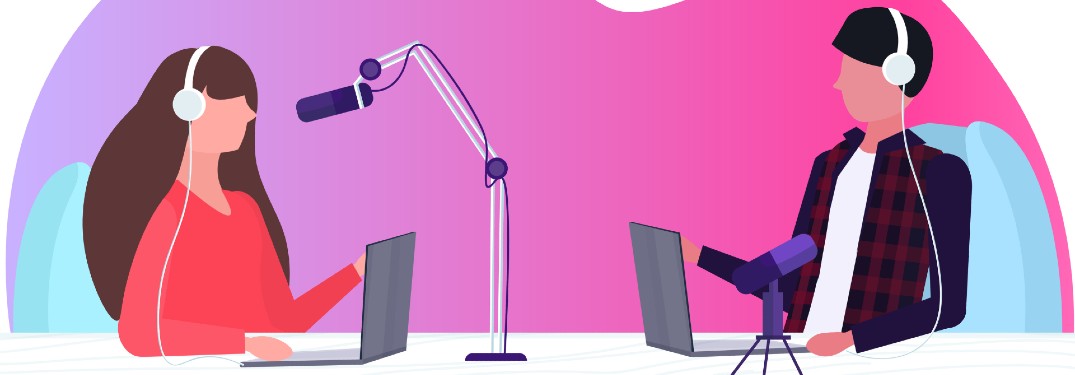 graphic of a man and woman recording a podcast