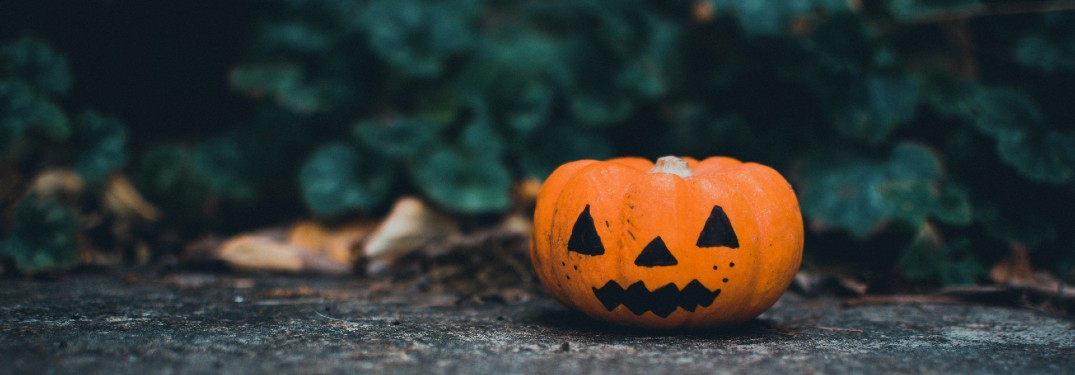 small pumpkin painted with jack o lantern face on ground
