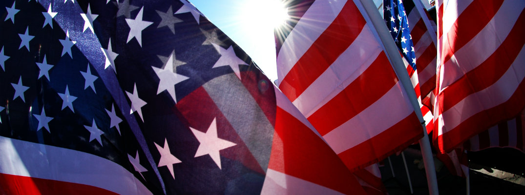 American flags in a row