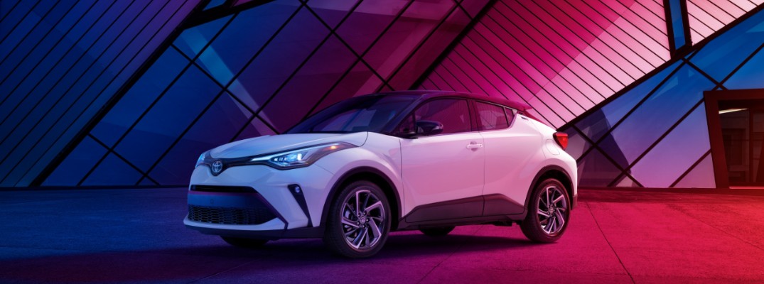 2020 Toyota C-HR against a blue and red background