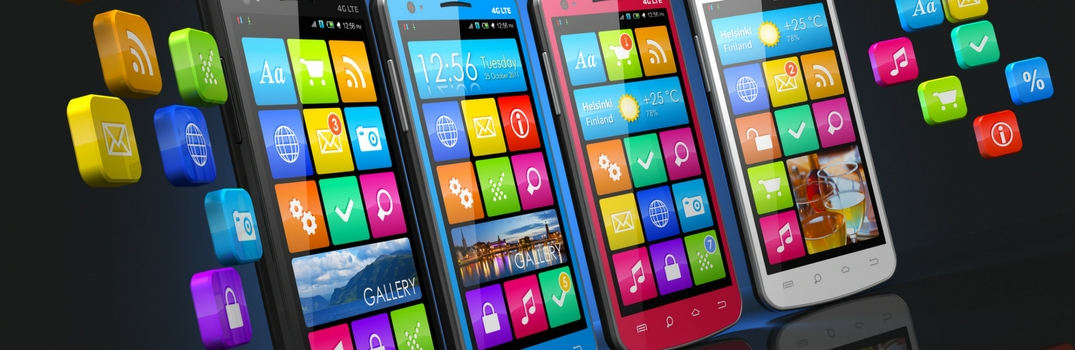 Phones lined up in a row showing apps