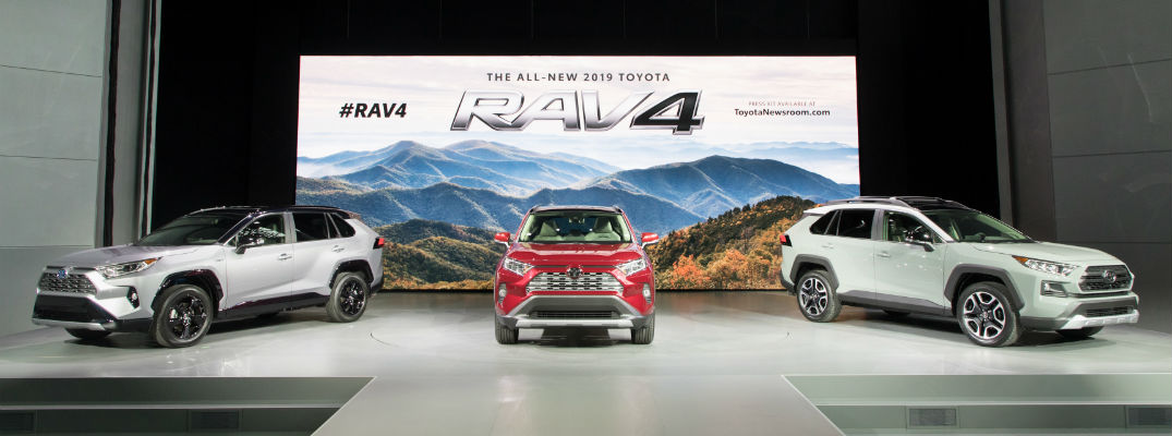 A photo of three 2019 RAV4 models on display at the New York International Auto Show.