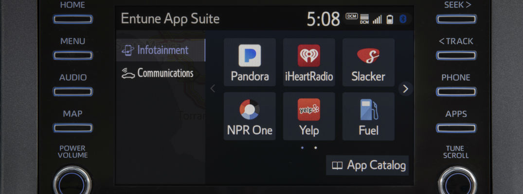 A close up photo of an infotainment screen available in a Toyota vehicle.