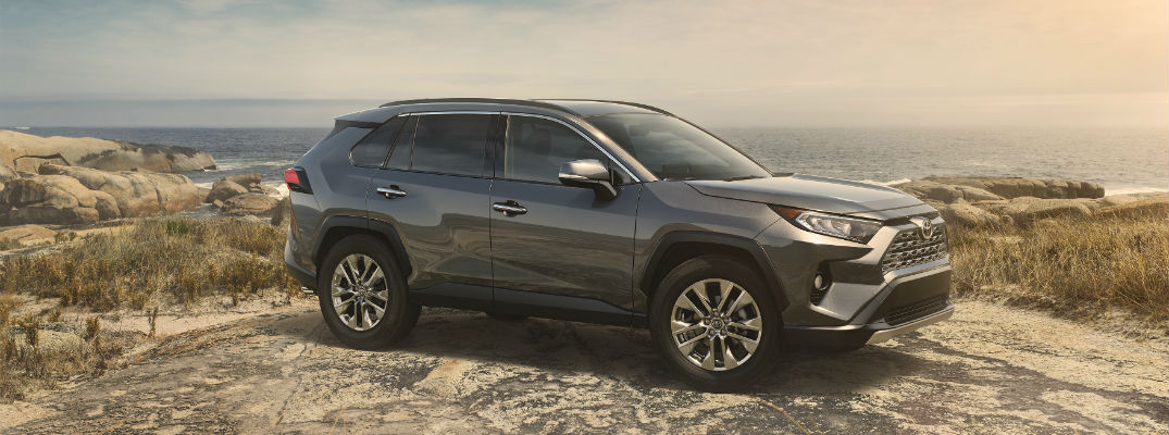 A right profile photo of the 2019 Toyota RAV4 parked on a cliff.