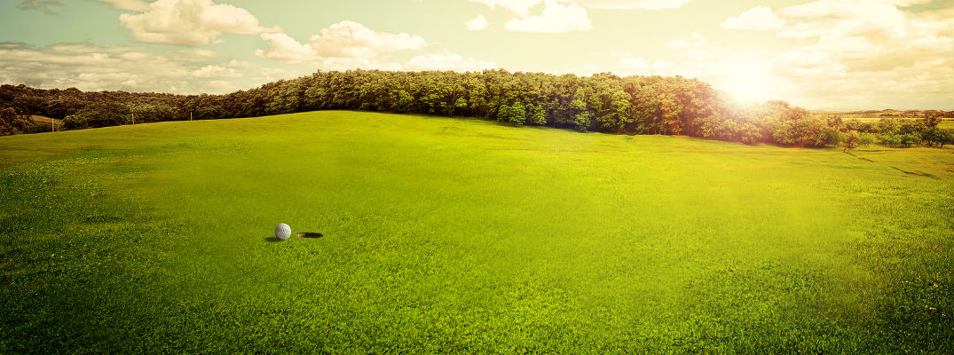 A stock photo of a golf course and a golf ball on a green.