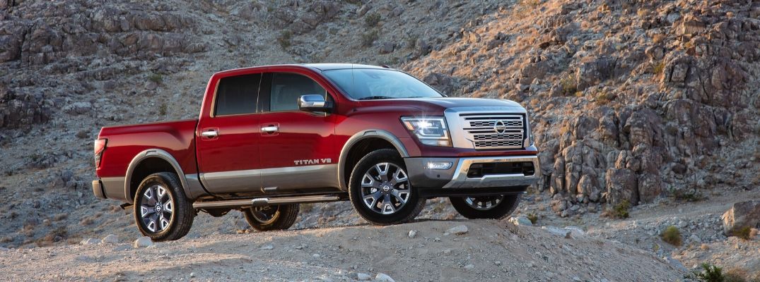 Exterior view of a red 2020 Nissan TITIAN