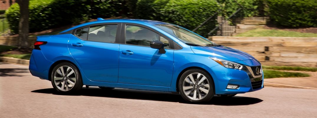 Exterior view of a blue 2020 Nissan Versa