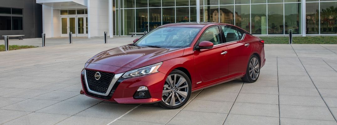 Exterior view of a red 2020 Nissan Altima