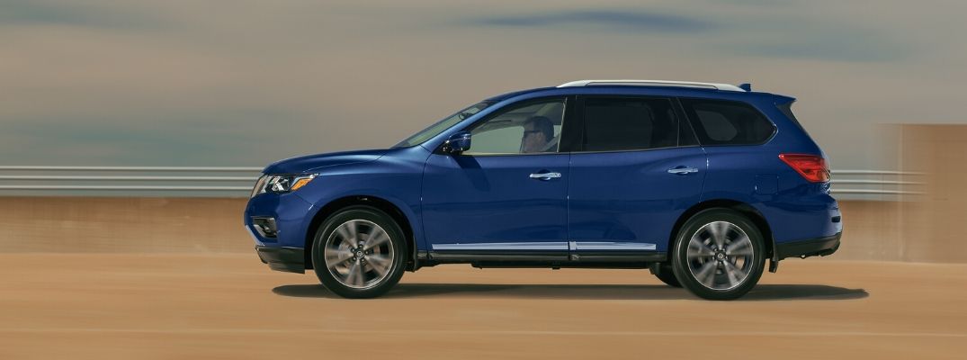Exterior view of a blue 2020 Nissan Pathfinder