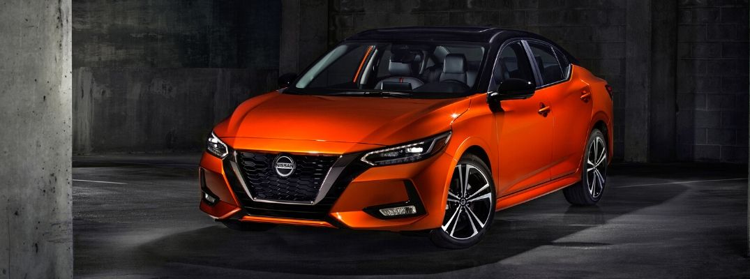 Exterior view of an orange 2020 Nissan Sentra